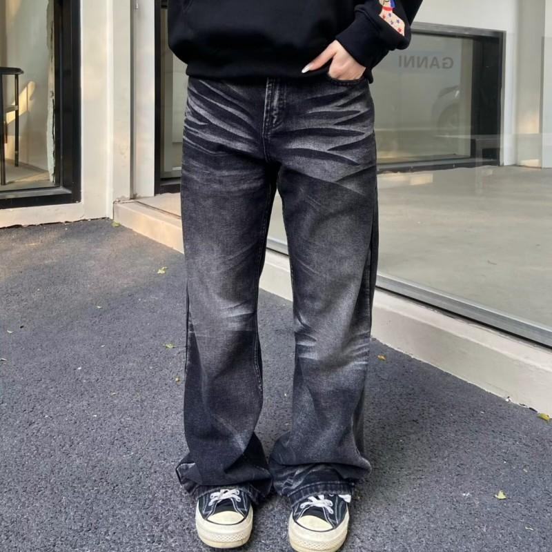 Mens Vintage Washed Black Straight Fit Loose Denim Jeans Casual Wide Leg Trousers Daily Wear
