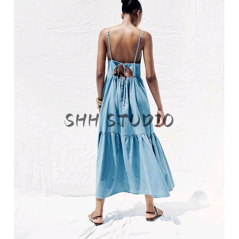 Summer New Product Women's Clothes Back Elastic Design V Neck Bowknot Decoration Sling Midi Skirt Dress 7484083