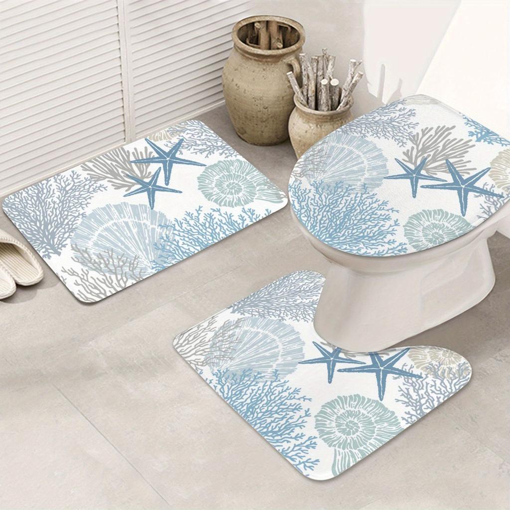 3-Piece Bathroom Mat Set - Anti-Slip Starfish & Seashell Design, Machine-Washable, Soft Flannel - Ideal for Home Safety and Decor