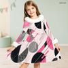 Girls Faux Fur Trim High Neck Long Sleeve Geometric Printed A Line Flared Dress