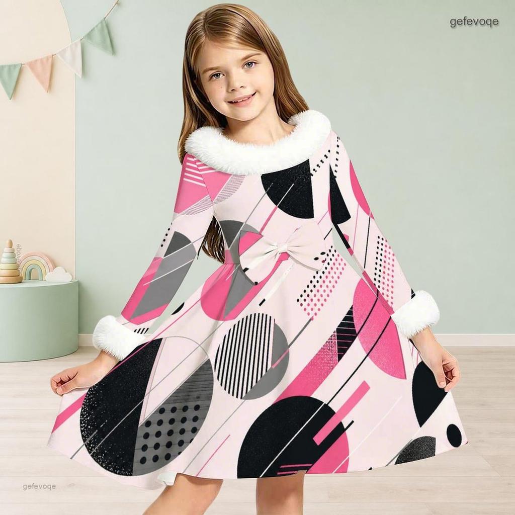 Girls Faux Fur Trim High Neck Long Sleeve Geometric Printed A Line Flared Dress