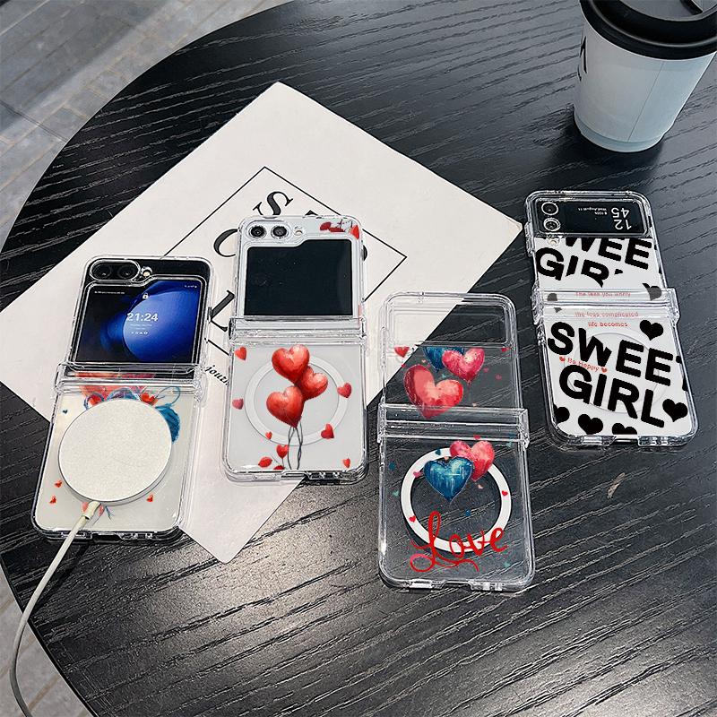 3PCS Foldable Shockproof Case for Samsung Z Flip6 Flip5 Flip4 for Magsafe Magnetic Balloon Kiss Lips Pattern Clear Hard Pc Slim Case Cover