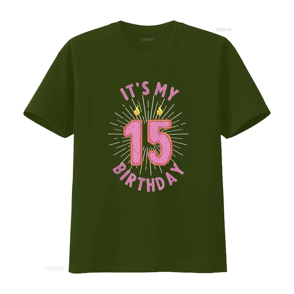 Womens 15 Year Old Girls 15Th Birthday Funny Donut Anniversary T Shirt Black 2XL vintage Washed Breathable Slightly fashion