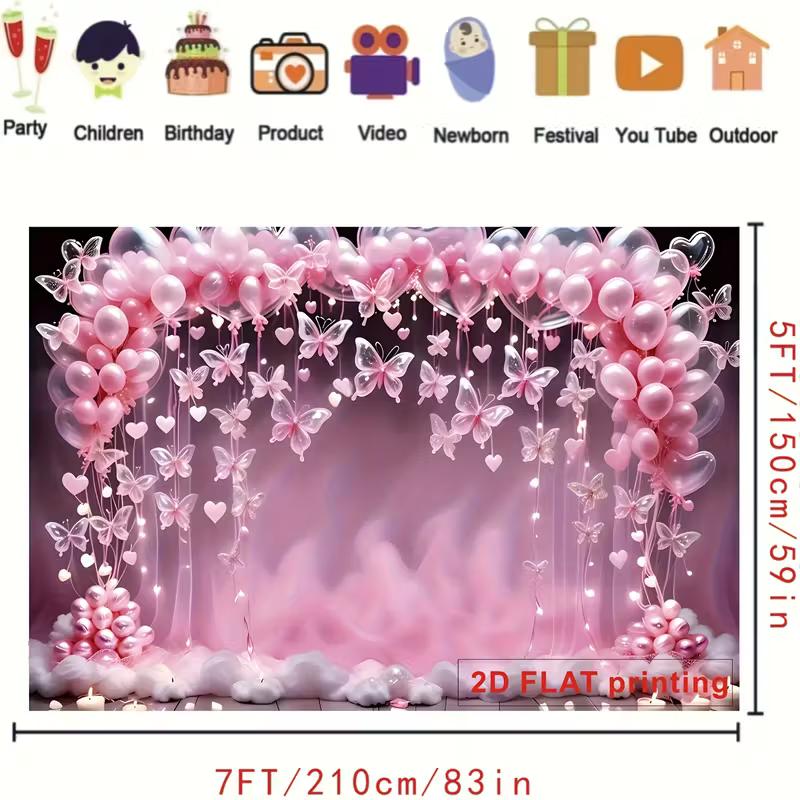 

2D Pink Butterfly Balloon Backdrop, Fairy Girl Birthday Party Photography Background 47.2x31.5inch/120*80cm