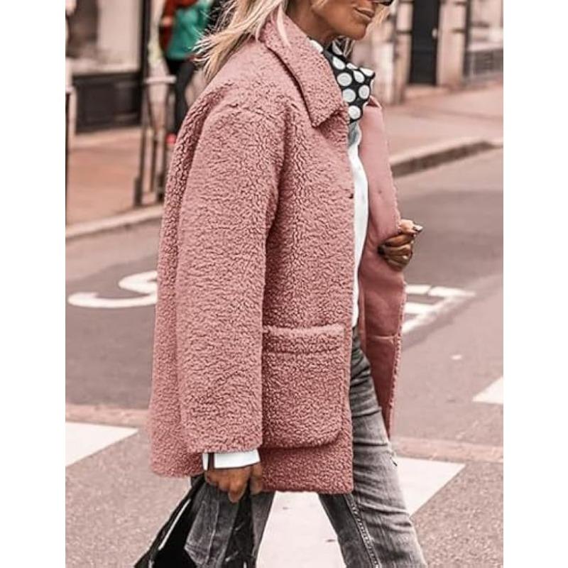 Lamb Wool Coat for Women Long Sleeves Turndown Collar  Medium Length Cotton Jacket Solid Color Warm Comfortable Autumn and Winter