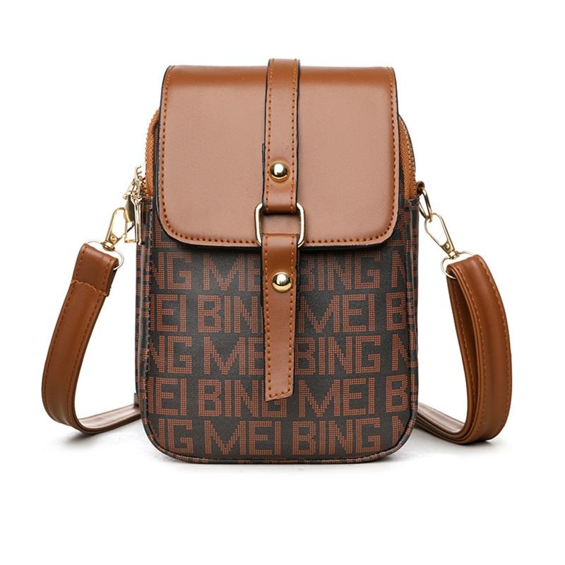 Women’s Crossbody Phone Bag, PU Leather Small Shoulder Purse with Flap & Zipper, Vintage Letter Print Mini Bag