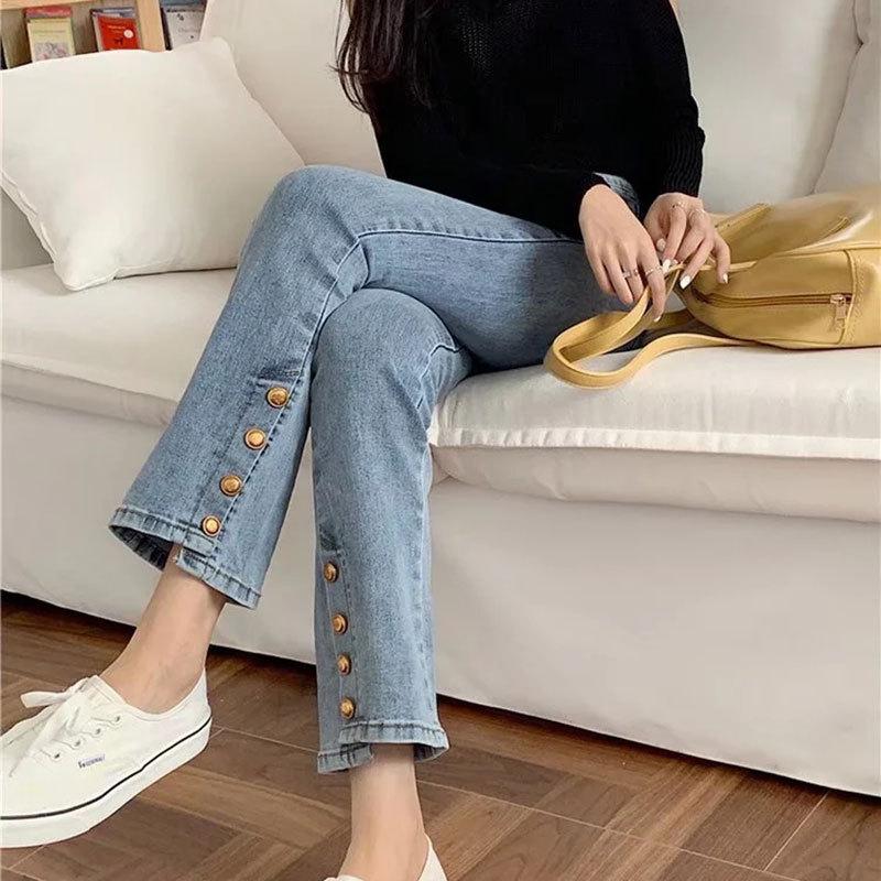 

Женские модные повседневные джинсы с высокой талией и широкими штанинами на пуговицах