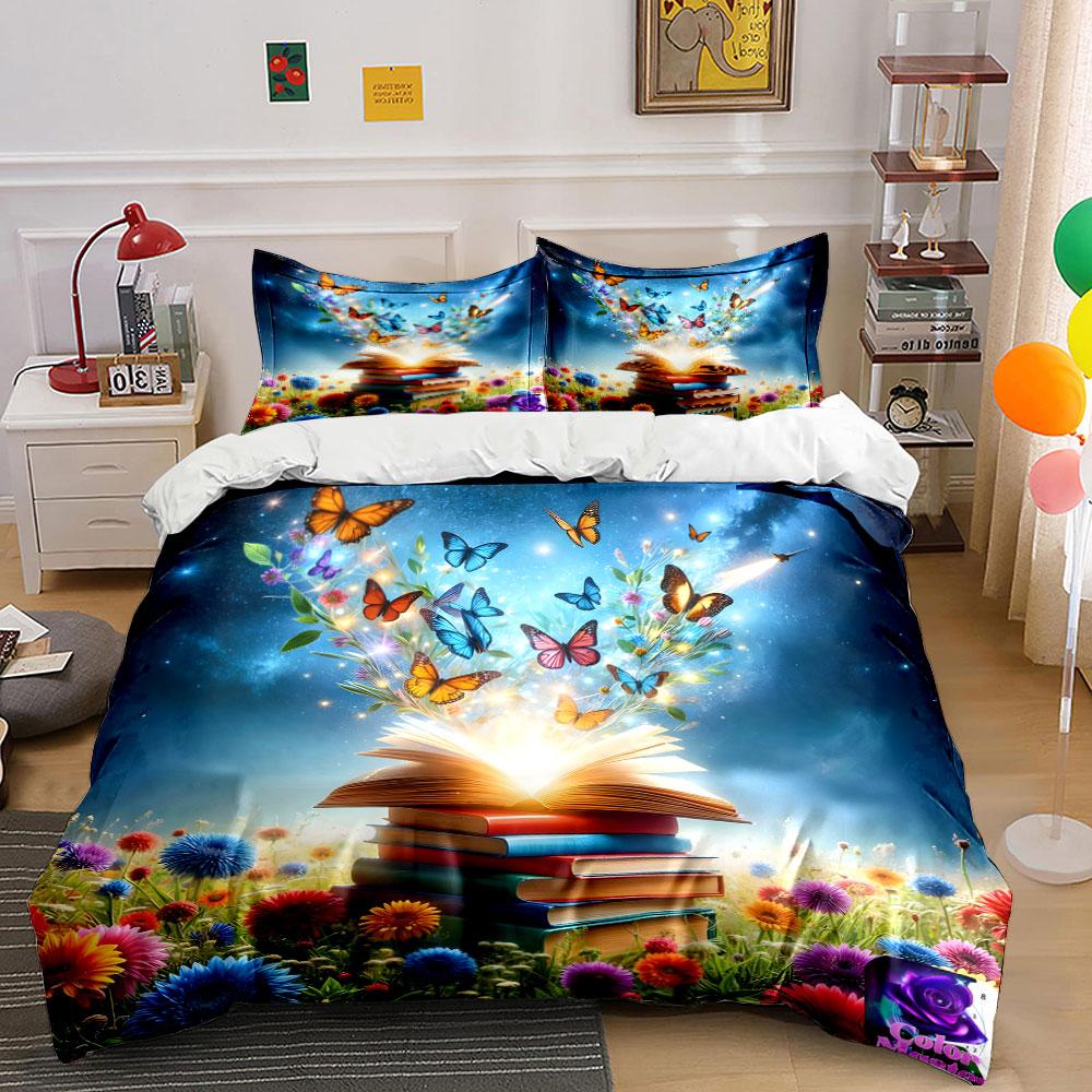 "Butterflies and Book Decor Set" Bedding Set with 1 Duvet Cover 2 Pillowcases Single Double King Queen, Gift