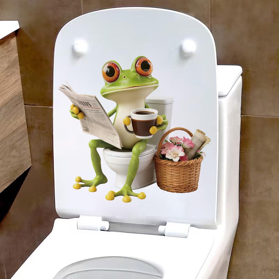 Vtipné 3D kreslené žabí samolepky na víko toalety, samolepicí kreativní dekorace do koupelny na toaletu