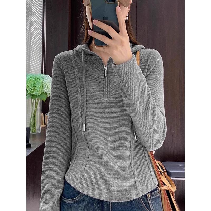 

Women s Gray Hooded Sweatshirt, New 2025 Edition - Small Size, Spring Half-Zip Inner Wear, Short Base Top L