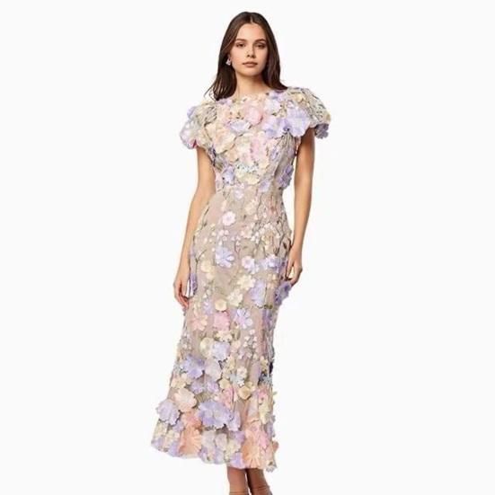 Women Fishtail Dress Round Neck Puff Short Sleeve Embroidered 3D Flower Decor Midi Dress Hip Wrapped Long Dress