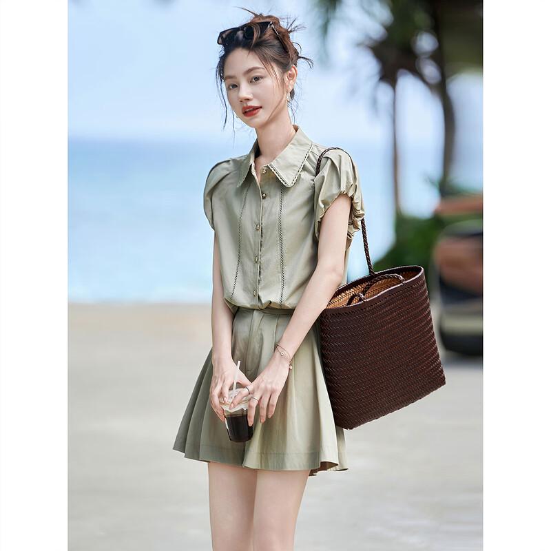 Summer Casual Button-Up Cardigan and Pleated Shorts Two-Piece Set