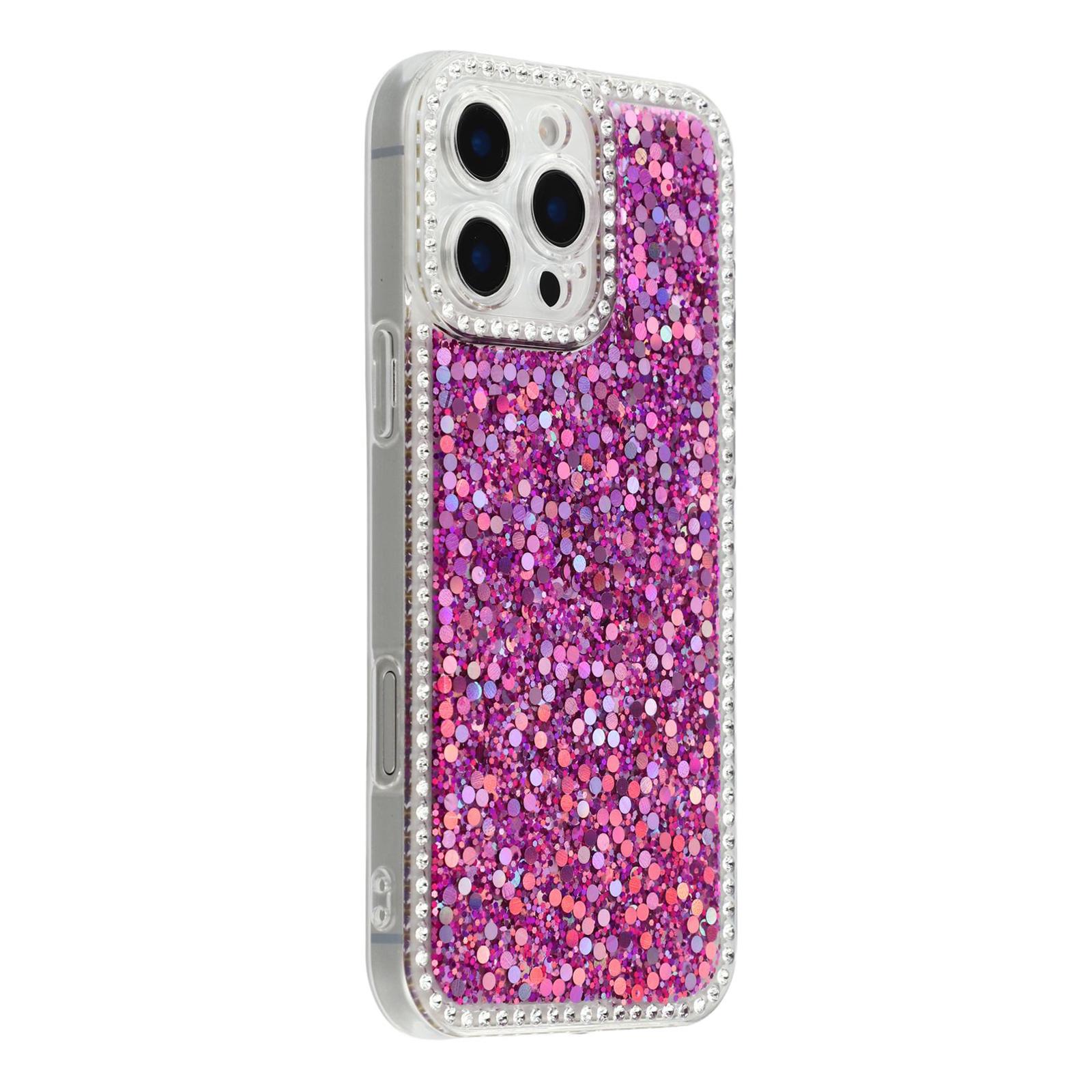 

For iPhone 16 Pro Case Rhinestone Edge Glitter Epoxy TPU Phone Cover Purple