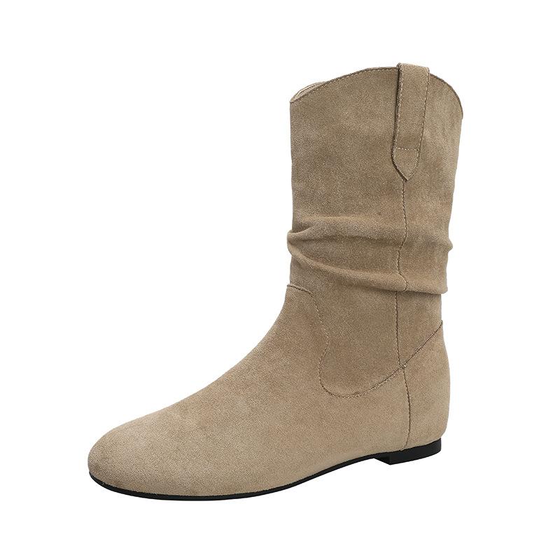Retro Ankle Boots Pleated Slouch Boots Wedge Heels Soft-soled Western Cowboy Boots Round Toe Winter Boots