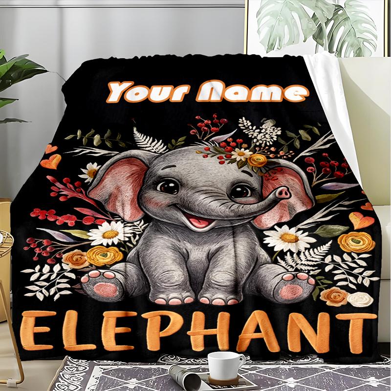 1PC Custom Name Elephant Artwork flannel blanket versatile,all-season throw suitable for the living room,bedroom,camping,travel,and gift