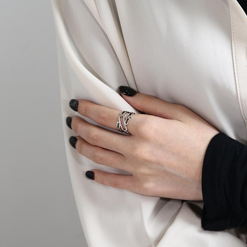 Retro Blackened S925 Sterling Silver Thai Hollowed-Out Ring for Women - High-End European Style