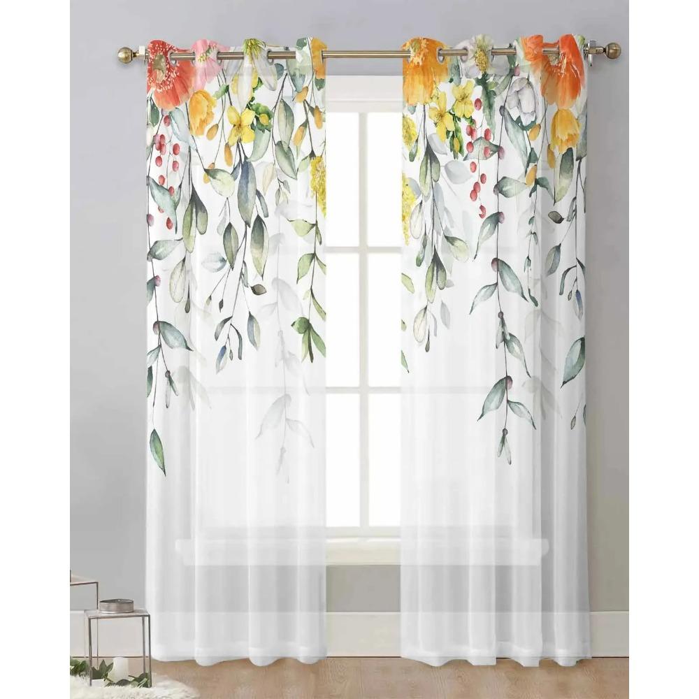 Flores aquarela Plantas Folhas Cortinas de tule azul Sala de estar Cozinha Tratamentos de janela transparentes Cortinas de voile com ilhós
