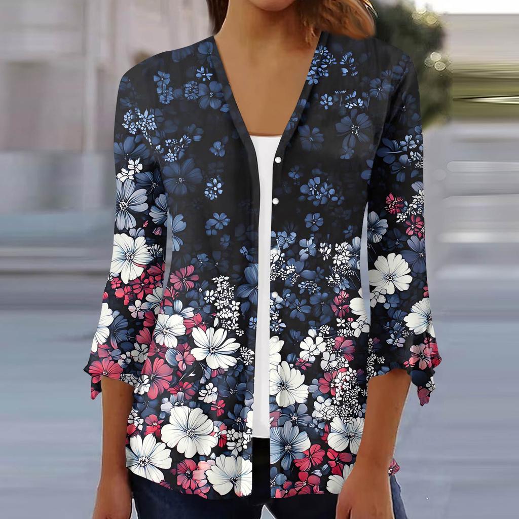 Women's Fashion Loose Casual Printed Seven-Part Sleeve Button Down Blouse Cardigan Top