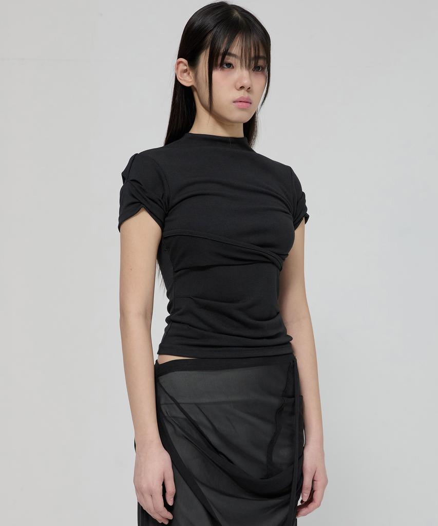 Peulleeoeob Asymmetrical Draped Mock Neck T-Shirt (Fl-126_Black)