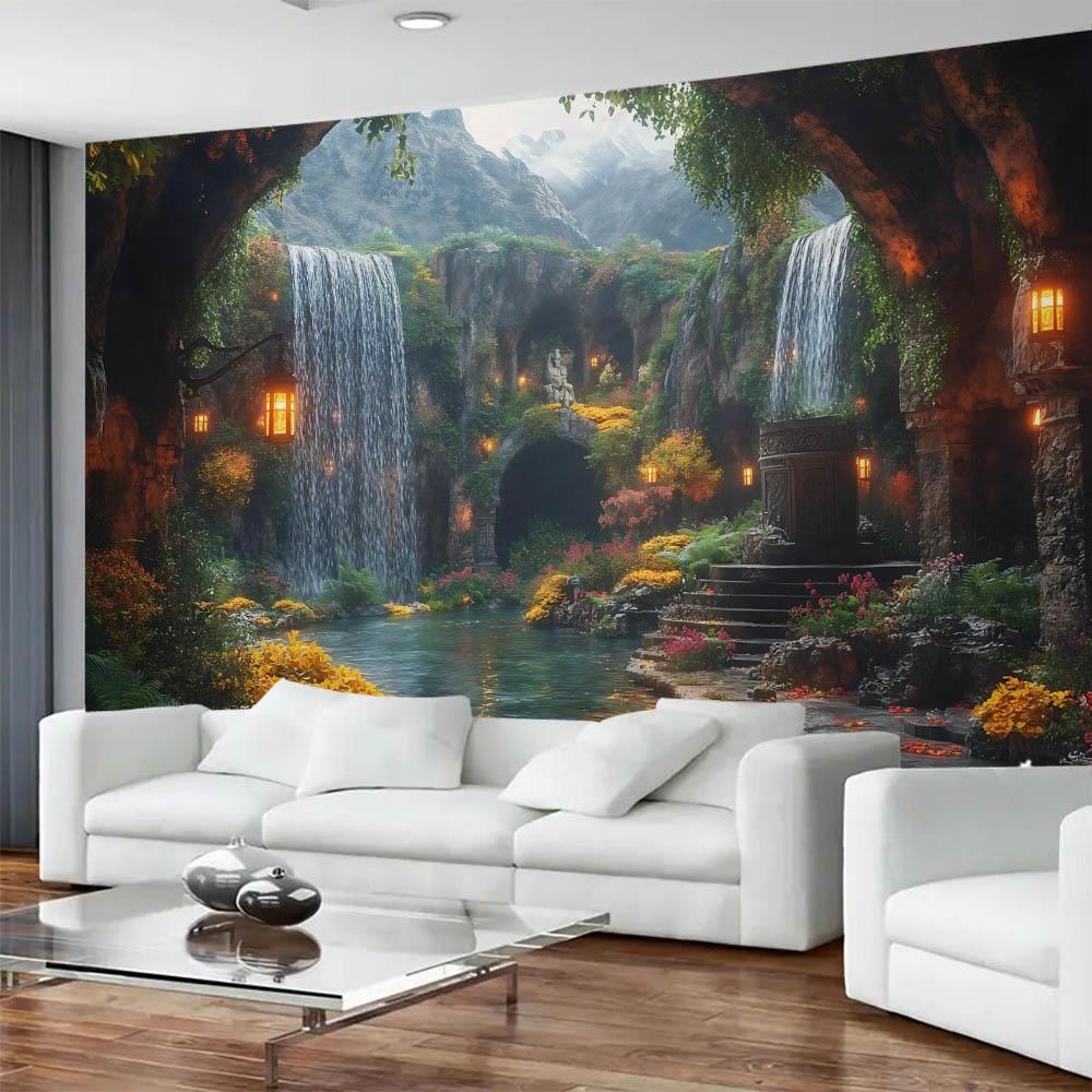 Tranquil Cave Forest Garden Tapestry Wall Hanging Polyester Fabric Machine Washable for Living Room And Bedroom Decor