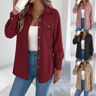 Women Autumn and Winter Casual Single Breasted Pocket Solid Color Long Women  Sleeved Corduroy Jacket Women Coats