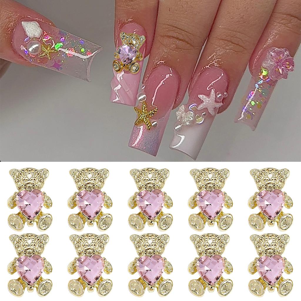 10pcs Bear Shaped Alloy Nail Jewelry Golden Sliver Bears With Pink Gold White Rhinestones Art Decorations Manicure DIY Accessori