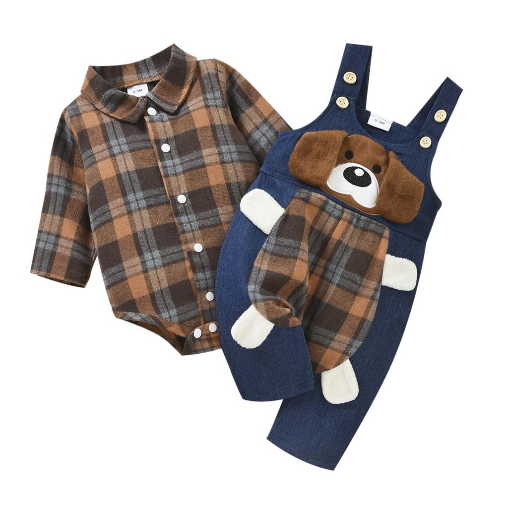 Infant Baby Boys Suit, Spring Autumn Long Sleeve Plaid Romper+Cartoon Dog Pattern Long Suspender Pants