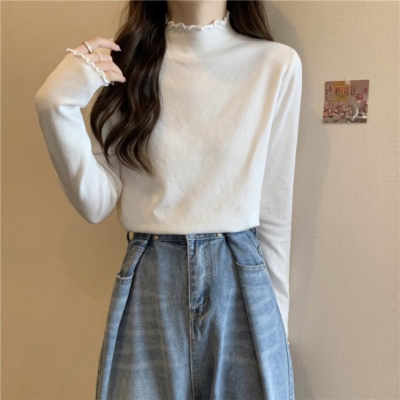 Autumn  new soft waxy semi-turtleneck fungus edge knitted sweater women s long-sleeved sweater One Size