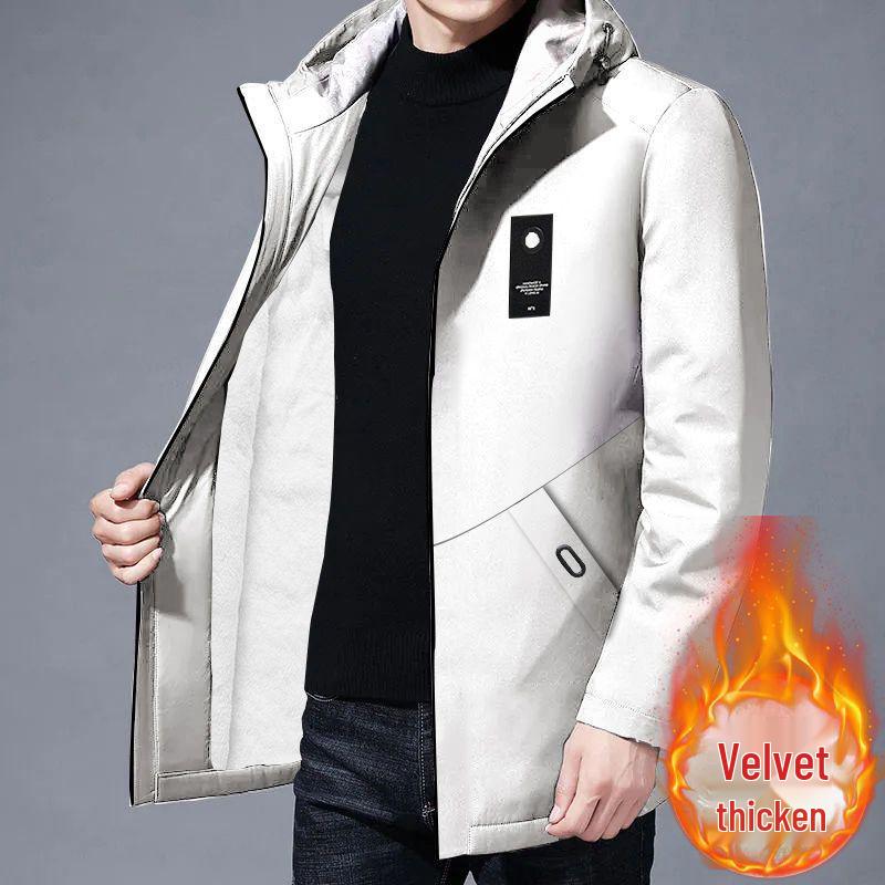 2025 Men’s Mid-Length Fleece-Lined Trench Coat – Trendy, Casual, and Warm for Autumn/Winter.