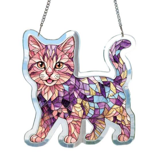 Cat Stained Glass Pendant with Easy Hang Style Suncatcher Acrylic Metal Chain Window
