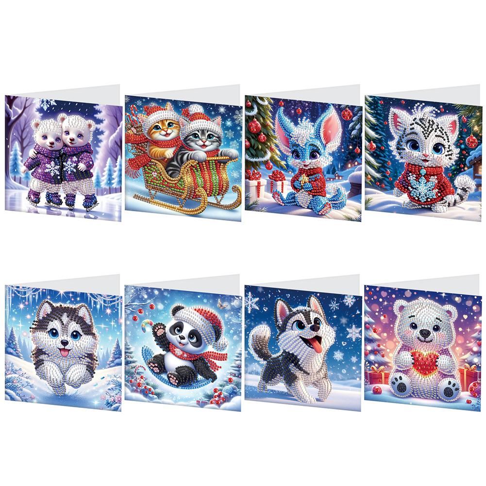 8Pcs Christmas Diamond Handmade Card Rhinestone Painting Card Kit Diamond Painting Greeting Card for Holiday Party Favors