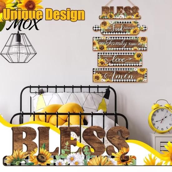 Decorative Wooden Letters for Wall Kitchen Decor, 5 Panel Bless Food Family Love Splicing Art Hanging Sign, Farmhouse Dining Room Living Pastoral