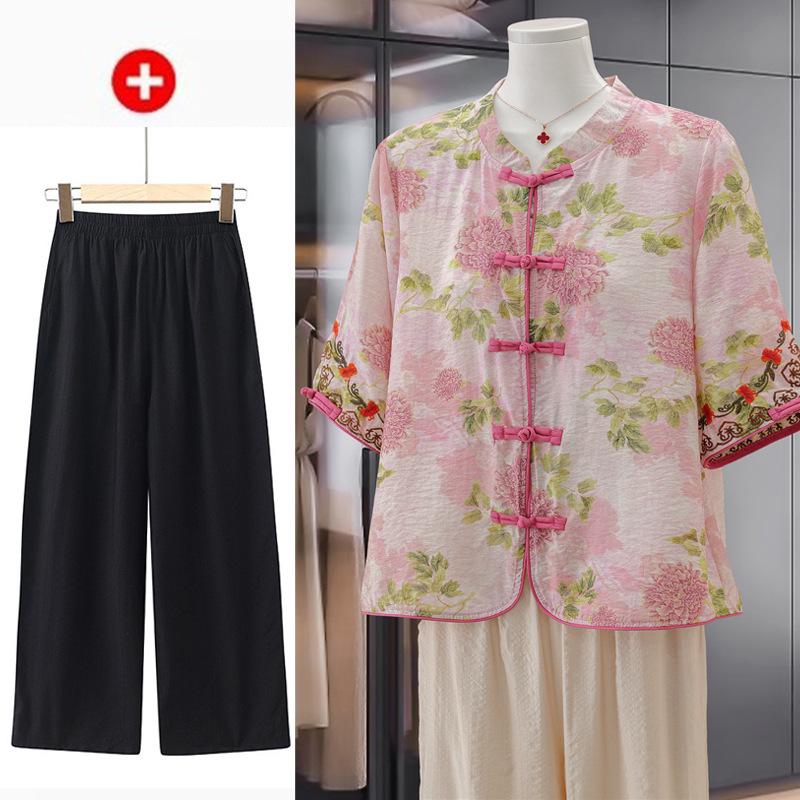 Elegant Retro Chinese Style Linen Tencel Blouse - Short Sleeve, Stand Collar, Frog Button, Loose Fit for Women