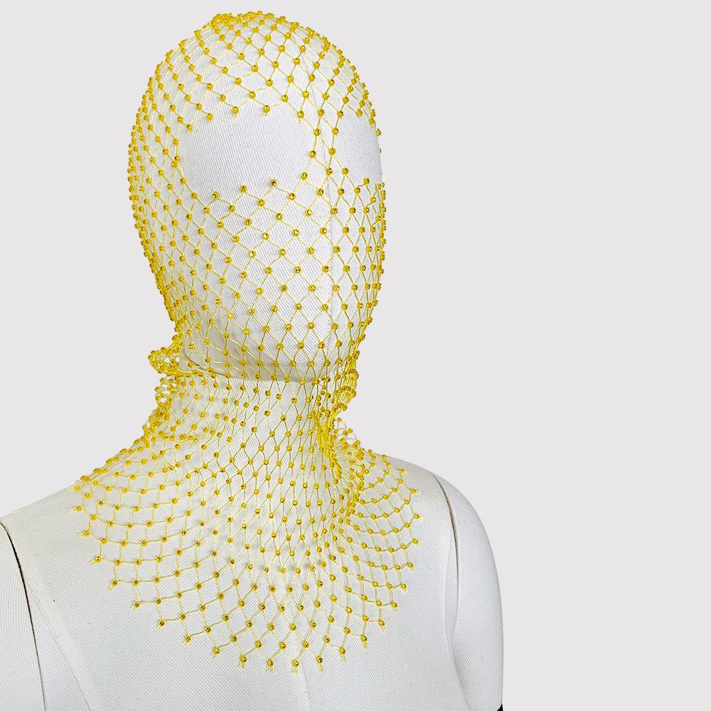 Rhinestone Fishnet Headscarf & Diamond Mask - Trendy Holiday Party Hat & Fashion Statement.