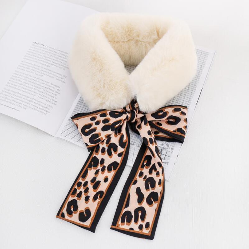 Women Ribbon Winter Plush Leopard Fur Collar Ribbon Scarf Warm Scarf