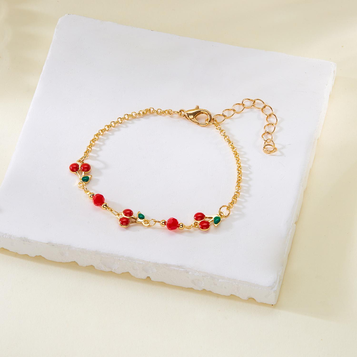 Boho Red Cherry Necklace Bracelet for Women Sweet Fruit Cherry Metal Clavicle Chain Choker Bangle Girls Party Wedding Jewelry