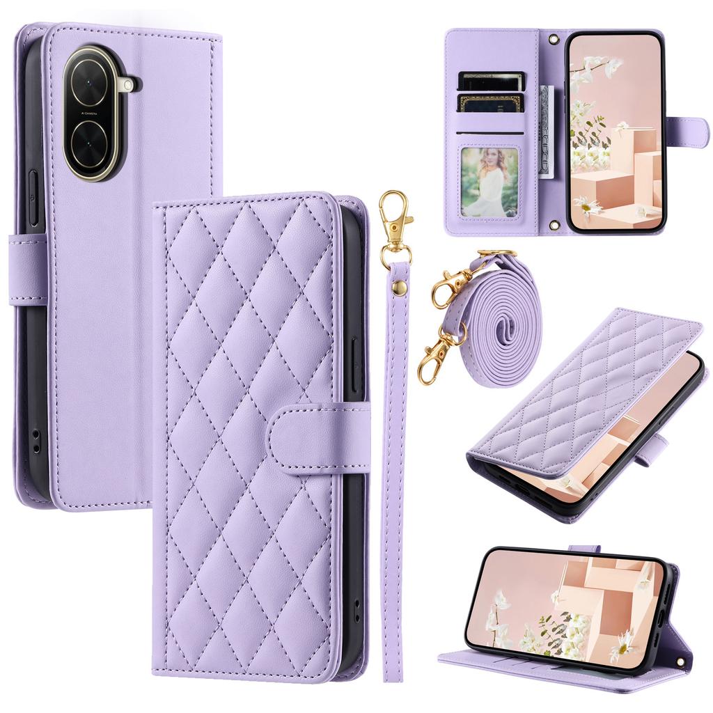For Xiaomi Redmi A5 4G (171.7mm)/Poco C71 4G Case Wallet Rhombus Grid PU Leather Phone Cover with Shoulder Strap/Wrist Strap