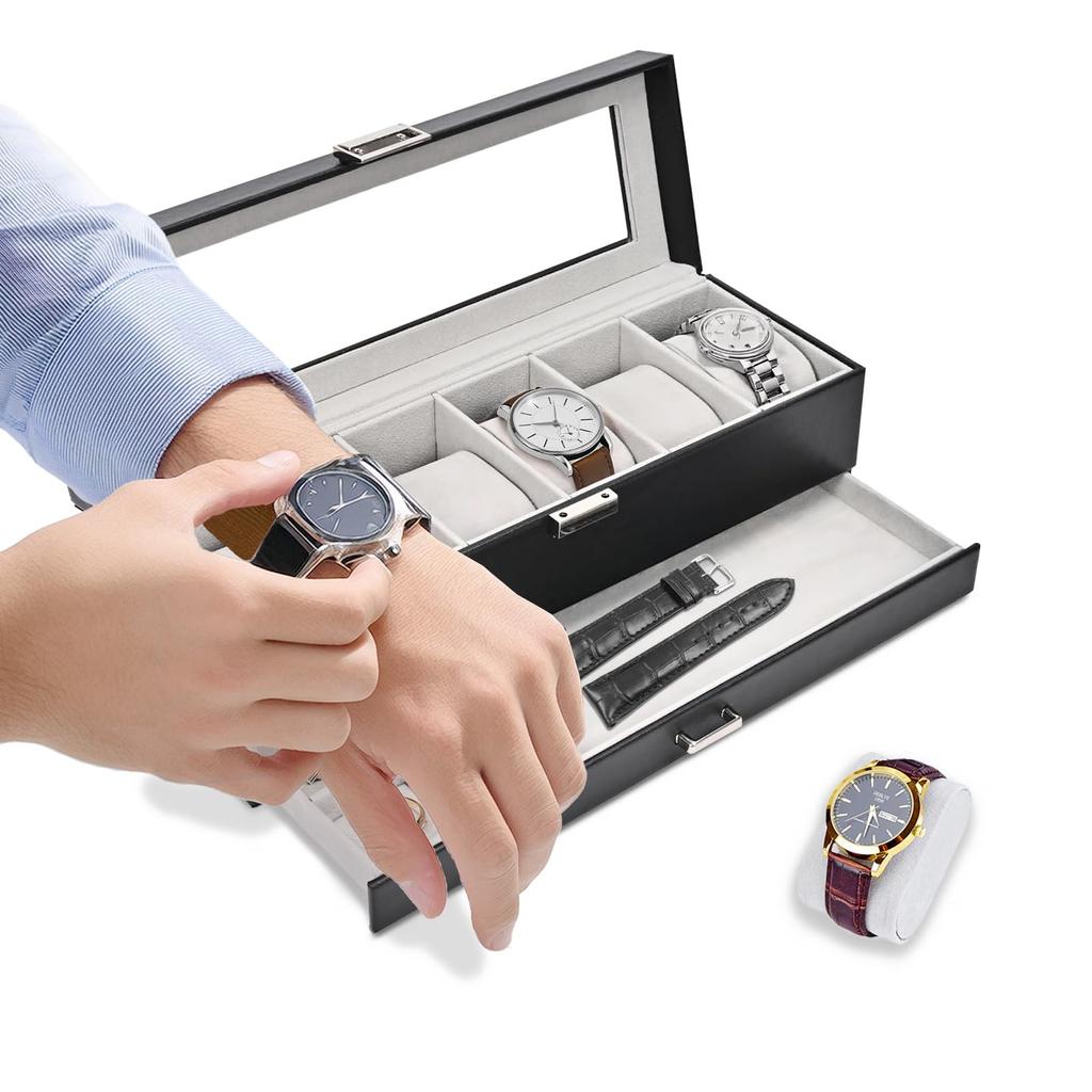 Mocamoro Watch Case for 6 Watches, 2 Tier Watch Box, Men's Luxury Watch Collection, Transparent Glass Top Display, Present