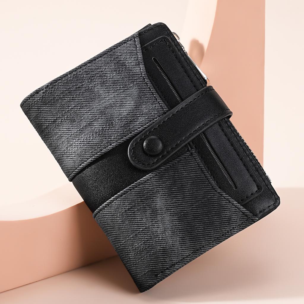 New women's wallet, high-end student denim leather short wallet, fashionable snap-button zipper, multi-card wallet