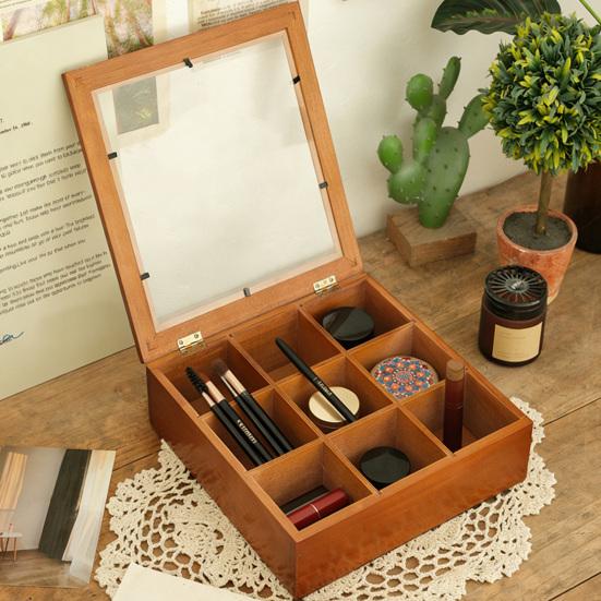 Boîte de Rangement en Bois à 9 Compartiments Boîte de Collection de Roches avec Couvercle en Acrylique Transparent Étui de Rangement Rétro pour Bijoux Cristaux et Petits Objets de Collection