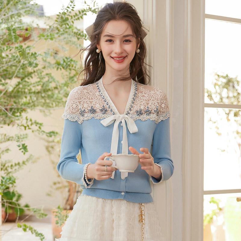 Cardigan lavorato a maglia da donna Bailuyu con pizzo applicato e cintura da annodare