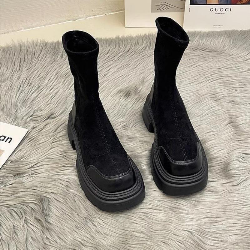 New autumn platform short boots women's elastic thin boots British retro Martin boots fried street brown single boots