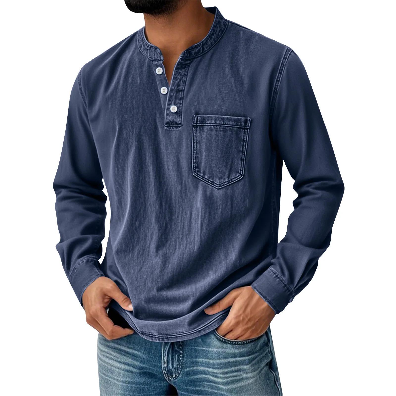 FX Men Heren Henley T-shirt met lange mouwen Vintage Gewassen Denim Casual Top Knoopsluiting Ronde Hals Losse Pasvorm Dagelijkse Streetwear voor Mannen M marineblauwe kleur
