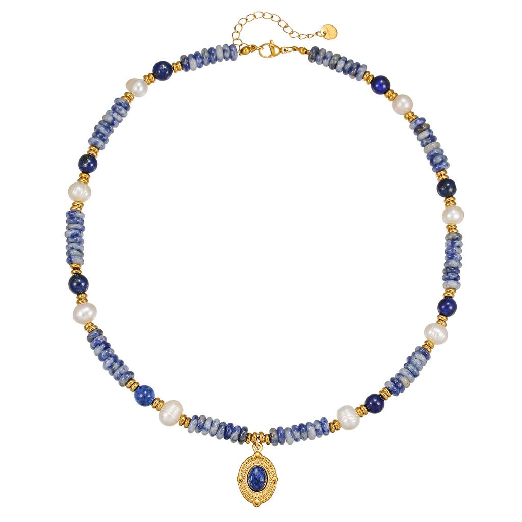 Freshwater pearl flat lapis lazuli pendant necklace women's fashion titanium steel temperament design neck chain bracelet set