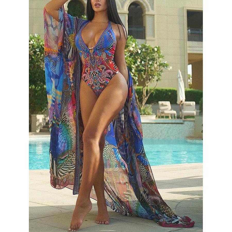 

Европейский и американский абстрактный принт, сексуальный пляжный кардиган-солнцезащита, длинный кардиган для женщин One Size синий