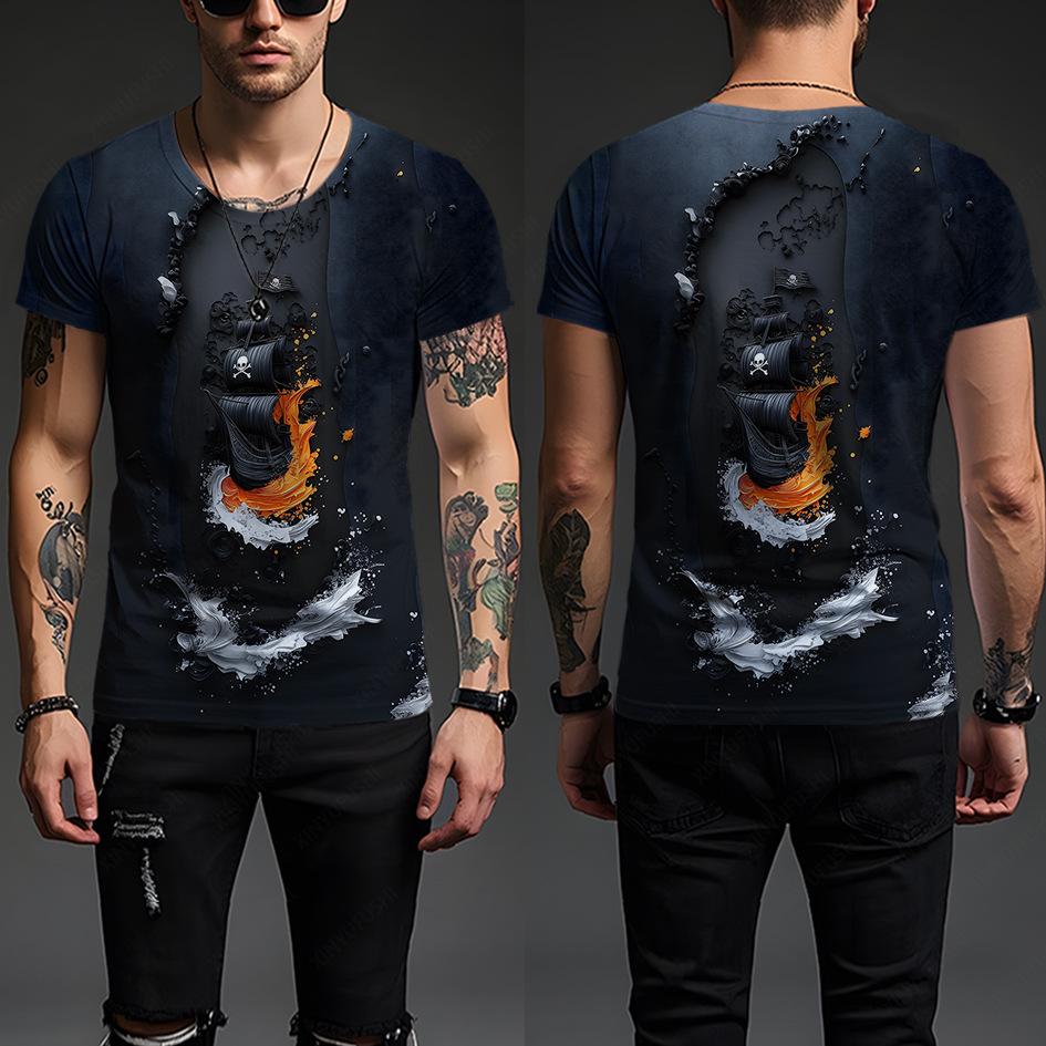 Summer Round Neck Ethnic Pattern 3D Print Top Fashionable Casual Short Sleeved Men's T-shirts