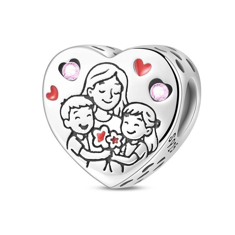 Original 925 Silver Family Charms Mom Flower Heart Beads For Necklace DIY Bracelet Present Jewellery Gift Mother's Day