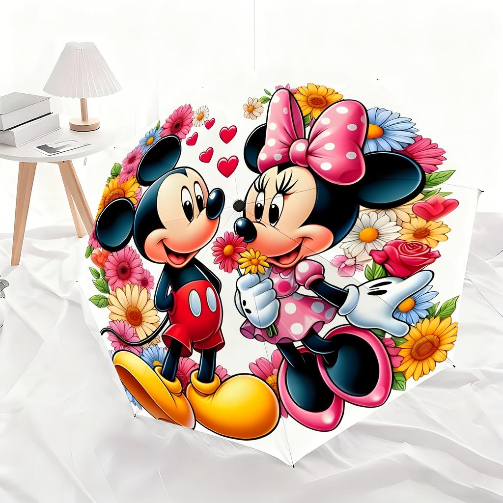 A Fully Automatic Umbrella Featuring Mickey And Minnie Mouse Designs, Suitable for All Occasions As a Sun And Rain Umbrella, P