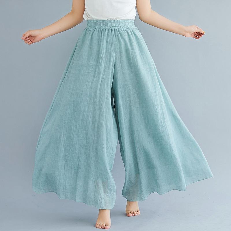 Summer Women's Trousers Artistic Large Size Cotton and Linen Wide-leg Trouser Skirt Linen Skirt Elastic Waist Solid Color Ethnic Style Trouser Skirt