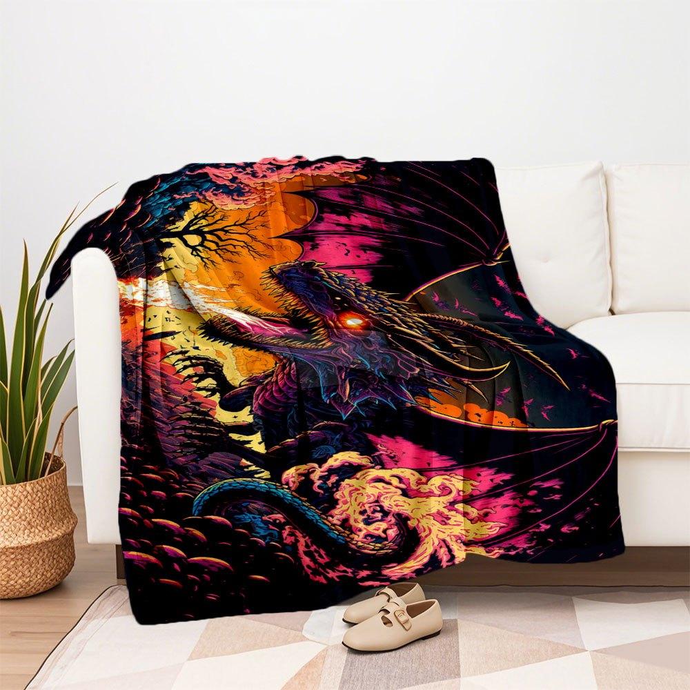 "Flaming Dragon Fantasy Art Print - Epic Creature Wall Decor"Blanket Flannel Throw Blanket for Sofa, Bed, Travel, Camping, Office, Couch, Ch